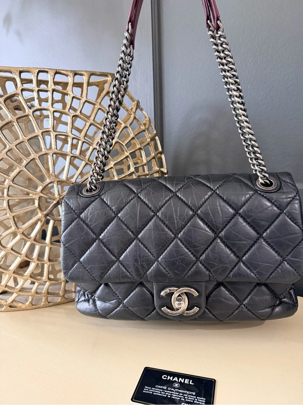 Chanel Shoulder Flap Bag Black Quilted Lambskin w/burgundy | Ruthenium Hardware